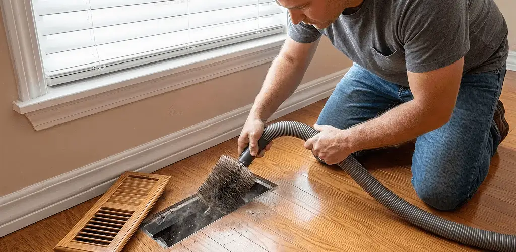 Air duct cleaning technician vacuuming a floor vent and duct opening in Oklahoma City, OK