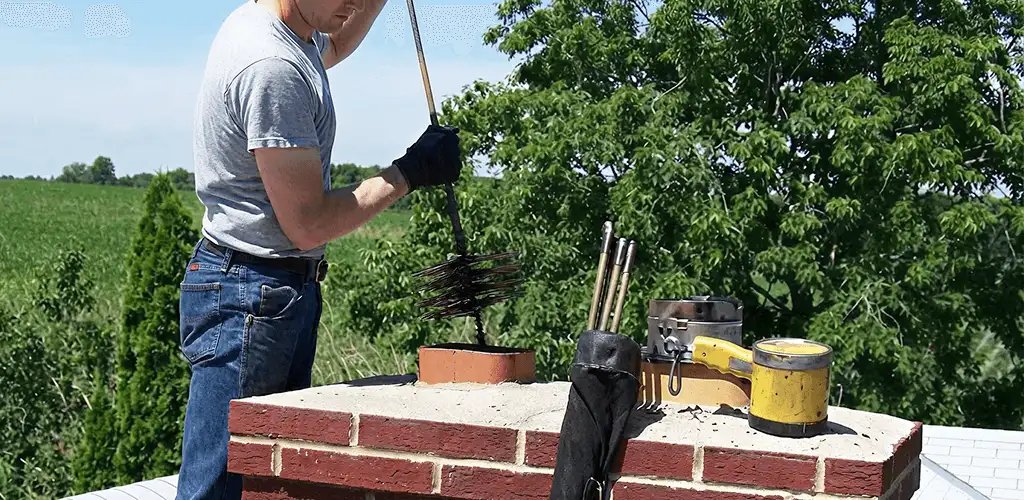 Chimney cleaning technician working on a rooftop chimney with professional tools in Oklahoma City, OK