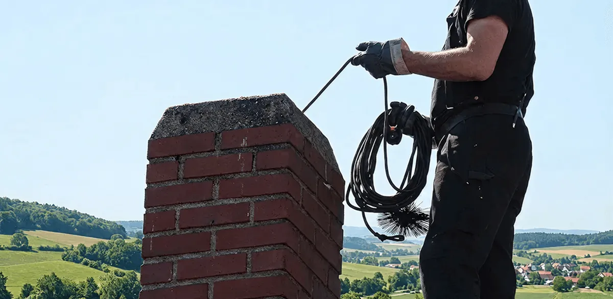 Chimney sweep inspecting and cleaning a rooftop chimney in Oklahoma City, OK