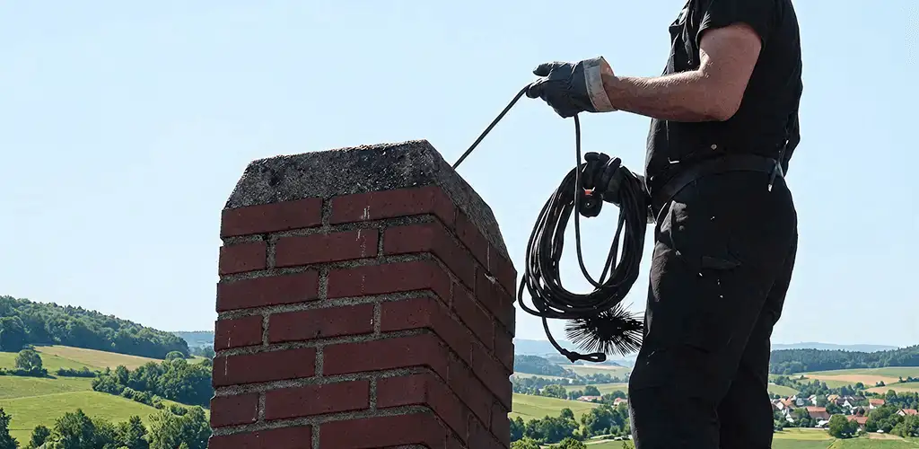 Chimney sweep inspecting and cleaning a rooftop chimney in Oklahoma City, OK