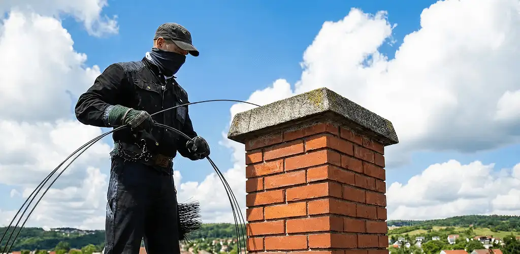 Chimney sweep cleaning a brick chimney with professional tools in Oklahoma City, OK