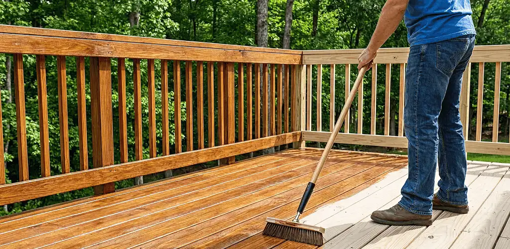 Deck staining and sealing application on a wood deck in Oklahoma City, OK