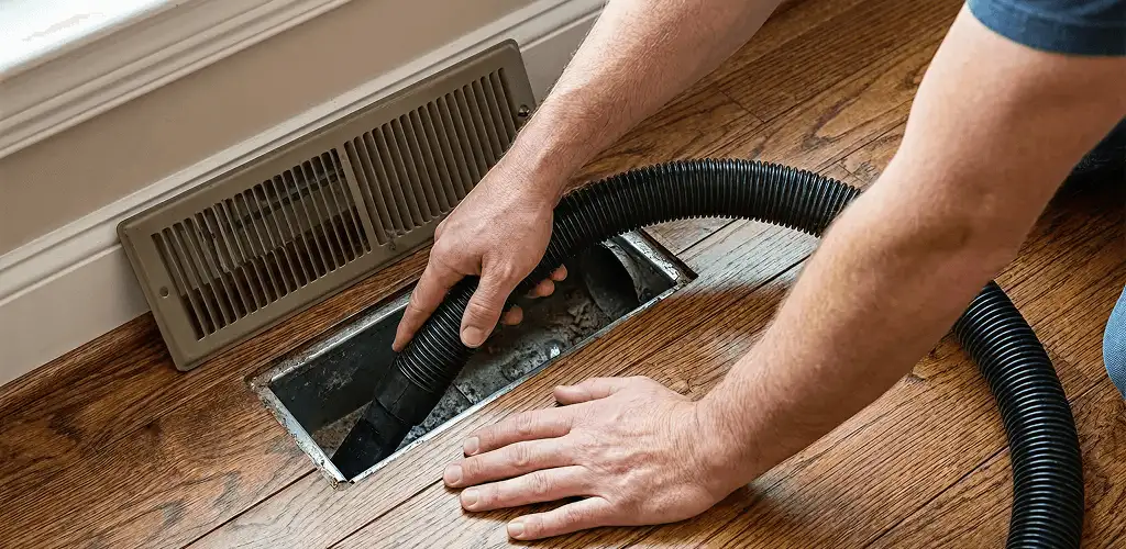 Air duct cleaning technician vacuuming a floor register and duct opening in Oklahoma City, OK