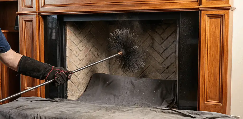 Chimney cleaning service brushing soot from a fireplace and flue in Oklahoma City, OK