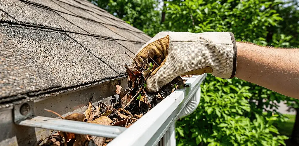 Gutter cleaning removing leaves and debris from roof gutters in Oklahoma City, OK