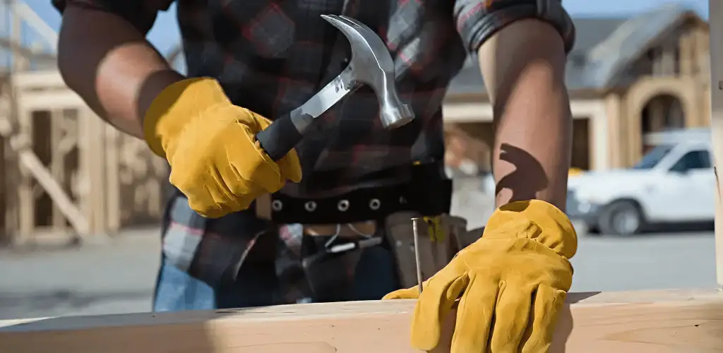 Handyman fixing wood trim with a hammer for home repairs in Oklahoma City, OK