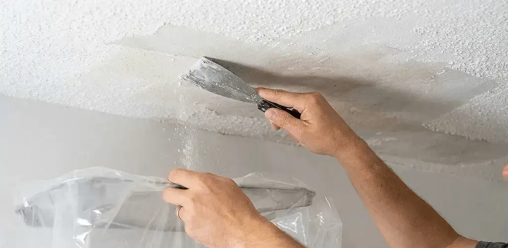 Popcorn ceiling removal technician scraping texture from a ceiling in Oklahoma City, OK