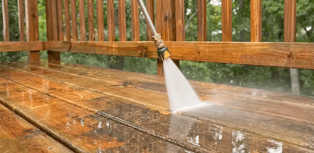 Pressure washing a wood deck to remove dirt and buildup in Oklahoma City, OK