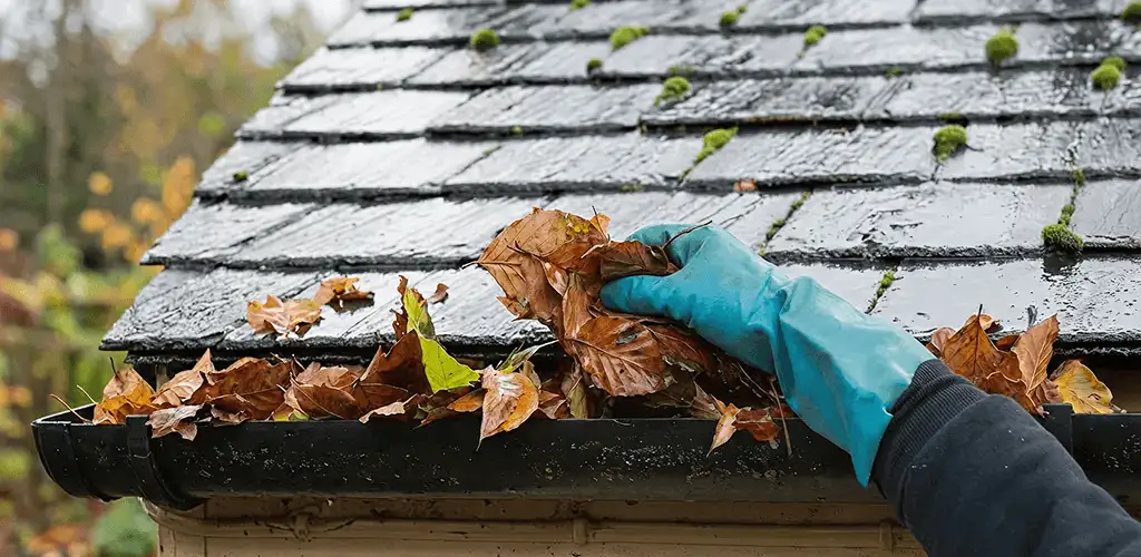 Gutter cleaning technician clearing wet leaves from roof gutters in Oklahoma City, OK