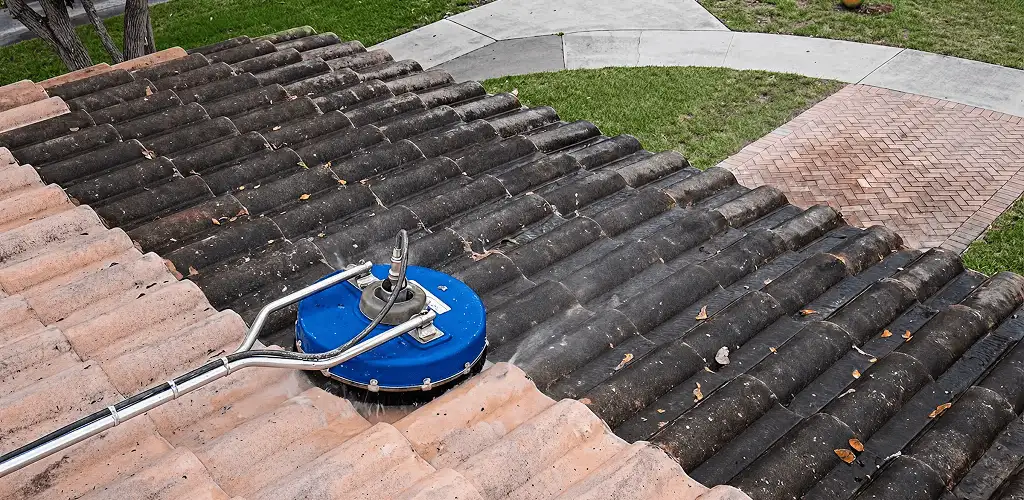 Roof pressure cleaning removing debris and buildup from roof tiles in Oklahoma City, OK