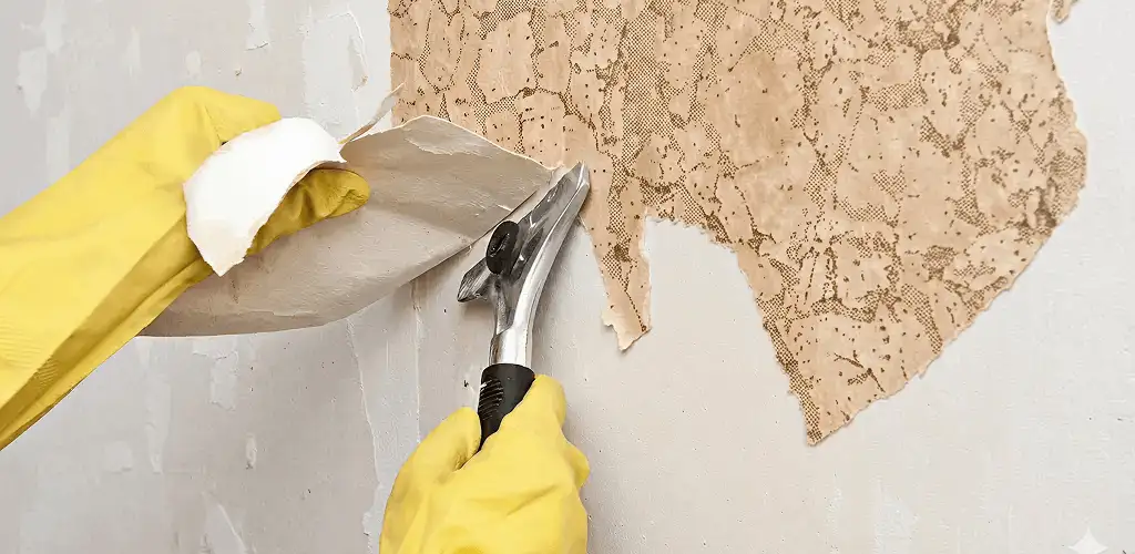 Wallpaper removal service stripping old wallpaper from a wall in Oklahoma City, OK