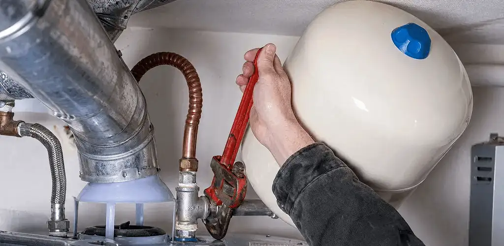 Water heater repair technician tightening plumbing connections near a tank unit in Oklahoma City, OK